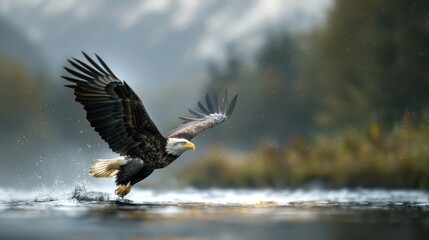 Fototapeta premium A bald eagle swooping down towards a river, talons outstretched, ready to catch a fish