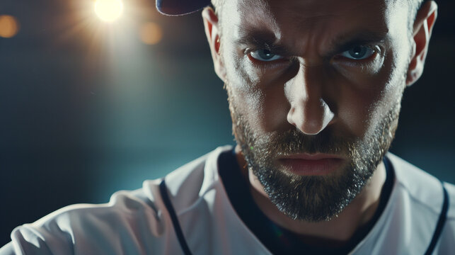 Close-Up of a Focused Baseball Player in Professional Uniform, Intense Expression as He Prepares to Throw the Ball During a Playoff Game, Highlighting the High-Stakes Atmosphere