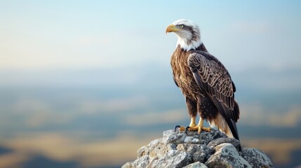 A close-up of a bald eagle perched on a rocky cliff, its sharp eyes scanning the horizon under a clear blue sky