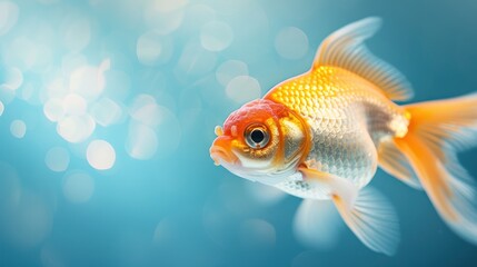 Fototapeta premium A close-up of a goldfish's delicate fins and shimmering scales, under soft aquarium lighting