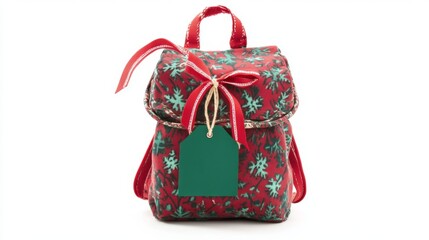 Festive Christmas-themed Backpack with Gift Tag in Vibrant Red and Green Colors on White Background