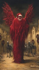Fototapeta premium Majestic Red Angelic Figure with Wings in Eerie Urban Setting Surrounded by Skeletons: A Captivating Surreal Art Masterpiece