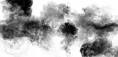 Abstract black smoke or ink cloud forming swirling shapes against a clean white background, perfect for artistic designs or backgrounds.