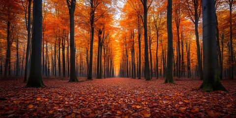 Fototapeta premium A breathtaking autumnal scene with a path leading through a forest, the vibrant orange leaves creating a stunning, ethereal glow.