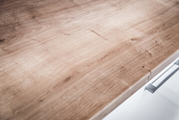 Empty Wooden Countertop Closeup Of Cabinet In Kitchen Interior