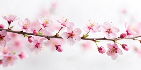 delicate pink cherry blossom branch against white background