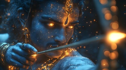 Celestial 3D Render of Lord Rama Aiming Bow with Glowing Arrows in Mystical Cosmic Scene
