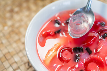 Colorful Jelly Dessert with Fruit and Ice