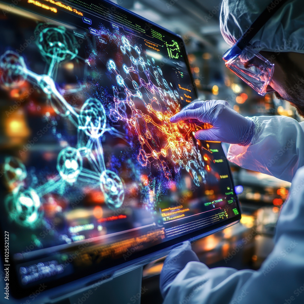 Poster scientist interacts with digital touchscreen display, showcasing detailed molecular structure in hig