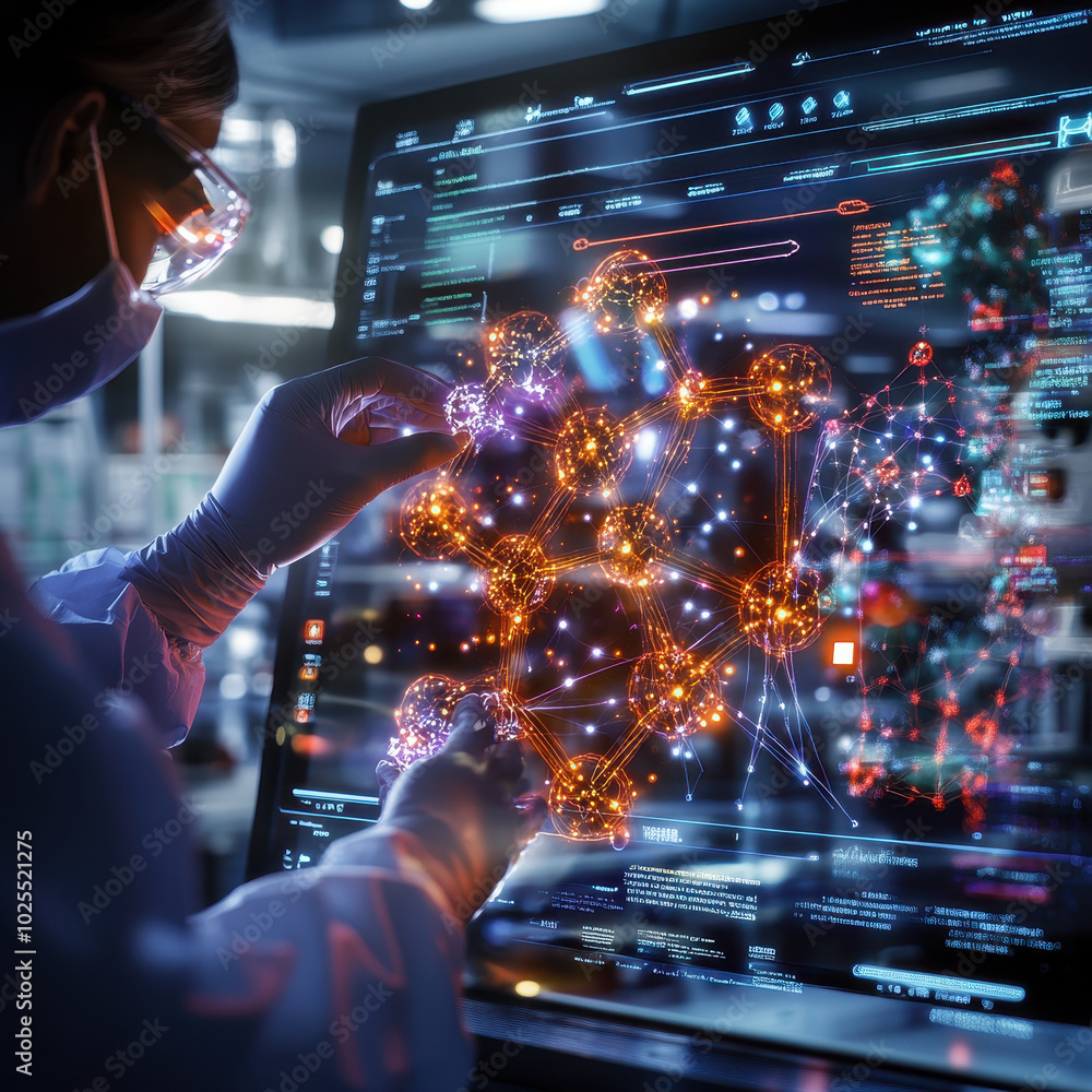 Aufkleber scientist interacting with digital touchscreen display, showcasing intricate molecular structures an