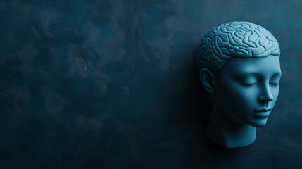 The intricate blue sculpture depicts a human head with a visible brain, conveying themes of mental health and psychological well-being in a tranquil, dark setting, copy space