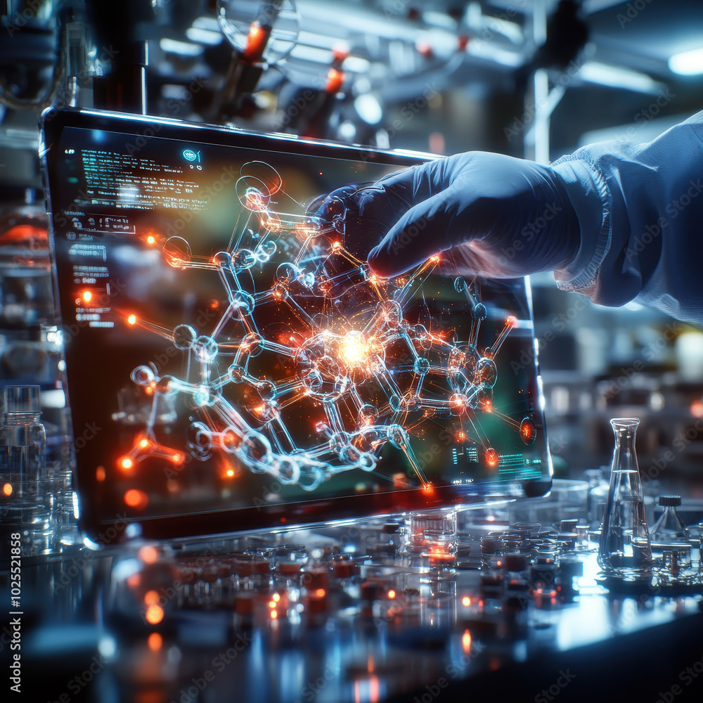 Poster digital touchscreen display shows detailed molecular structure with glowing connections, highlightin