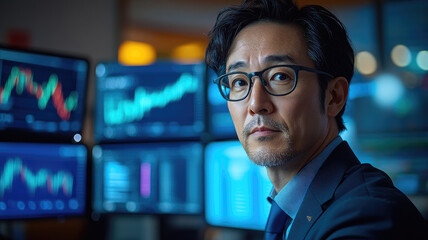 Fototapeta premium Financial analyst monitoring market data on multiple screens in a financial office setting