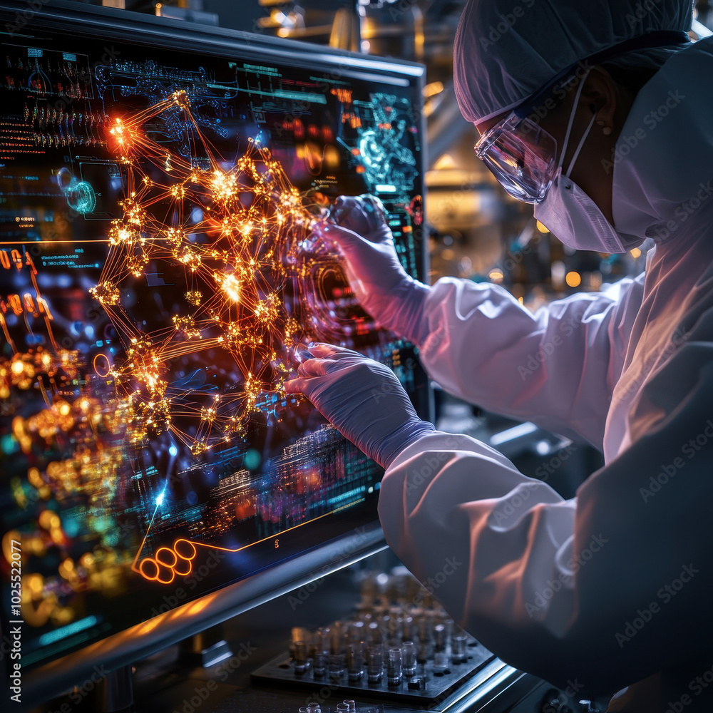 Poster scientist in lab coat interacts with digital touchscreen display, showcasing intricate data visualiz
