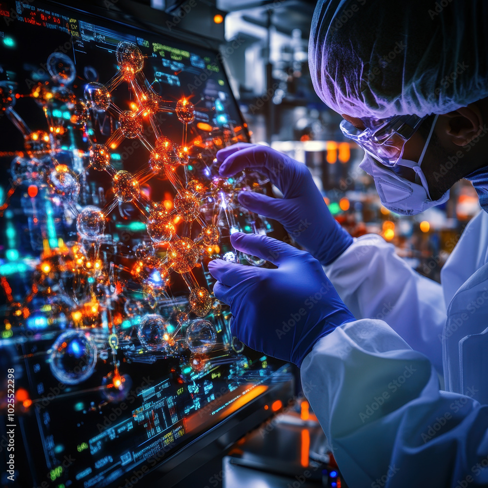 Poster scientist in lab coat and gloves interacts with digital touchscreen display, showcasing complex mole