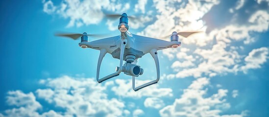 White drone flying in a blue sky with white clouds.