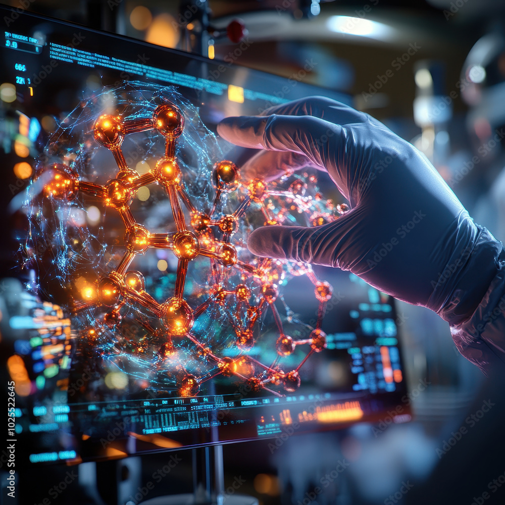Poster scientists gloved hand interacts with digital touchscreen display, showcasing detailed molecular str