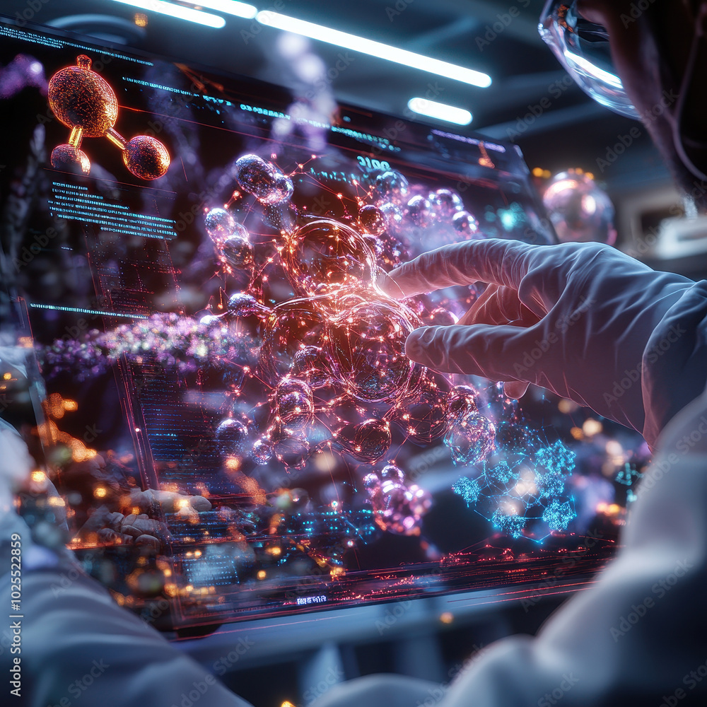 Poster digital touchscreen display shows detailed molecular structure with vibrant colors and intricate des