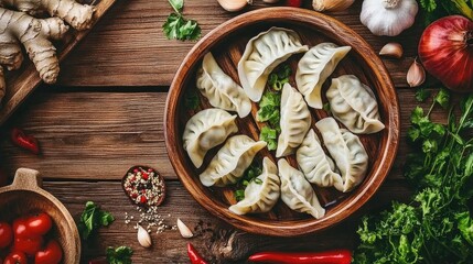Delicious Dumplings on Wooden Table Surrounded by Herbs