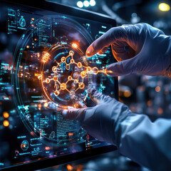 digital touchscreen display showing detailed scientific interface with glowing elements and data visualization. hands in gloves interact with technology, emphasizing innovation and precision