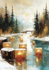 Serene Winter River with Illuminated Lanterns Amidst Snow-Covered Pines and Mountain Landscape Tranquility