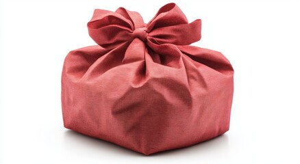 Christmas present in a natural burlap bag with red accents.