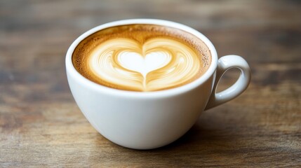 Coffee in white cup on wood.