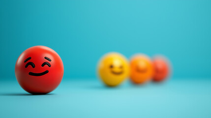 A red ball with a smiling face stands out among yellow and orange emoticons in focus on a bright blue backdrop, emphasizing emotional well-being, copy space