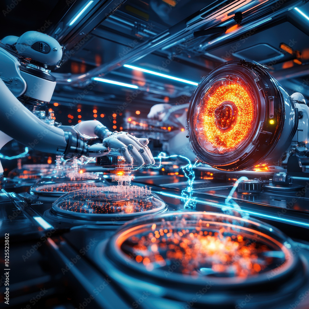 Aufkleber Futuristic lab scene featuring AI powered robots interacting with advanced technology, showcasing vibrant neon lights and intricate machinery