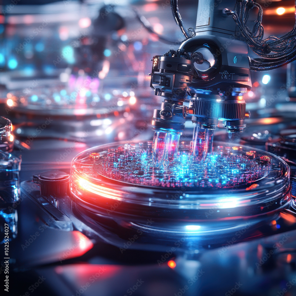 Poster Futuristic lab scene featuring advanced AI powered robots analyzing samples with high tech microscopes. vibrant colors and intricate details create captivating atmosphere