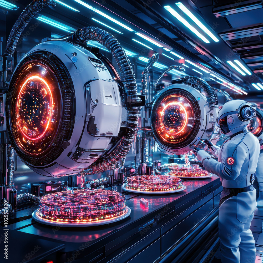 Aufkleber Futuristic lab scene featuring AI powered robots and advanced technology. An astronaut interacts with high tech equipment, showcasing innovation and exploration