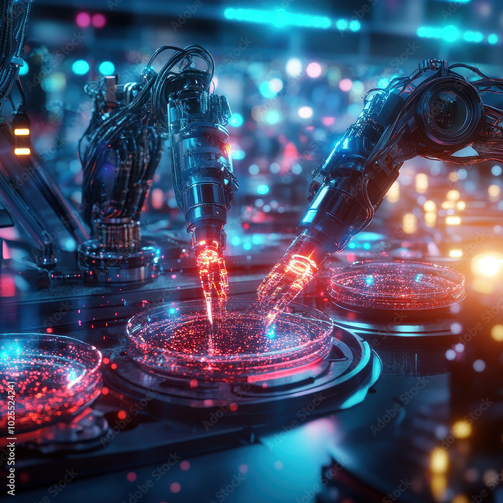 Aufkleber Futuristic lab scene with AI powered robots conducting experiments in high tech environment, showcasing advanced technology and innovation