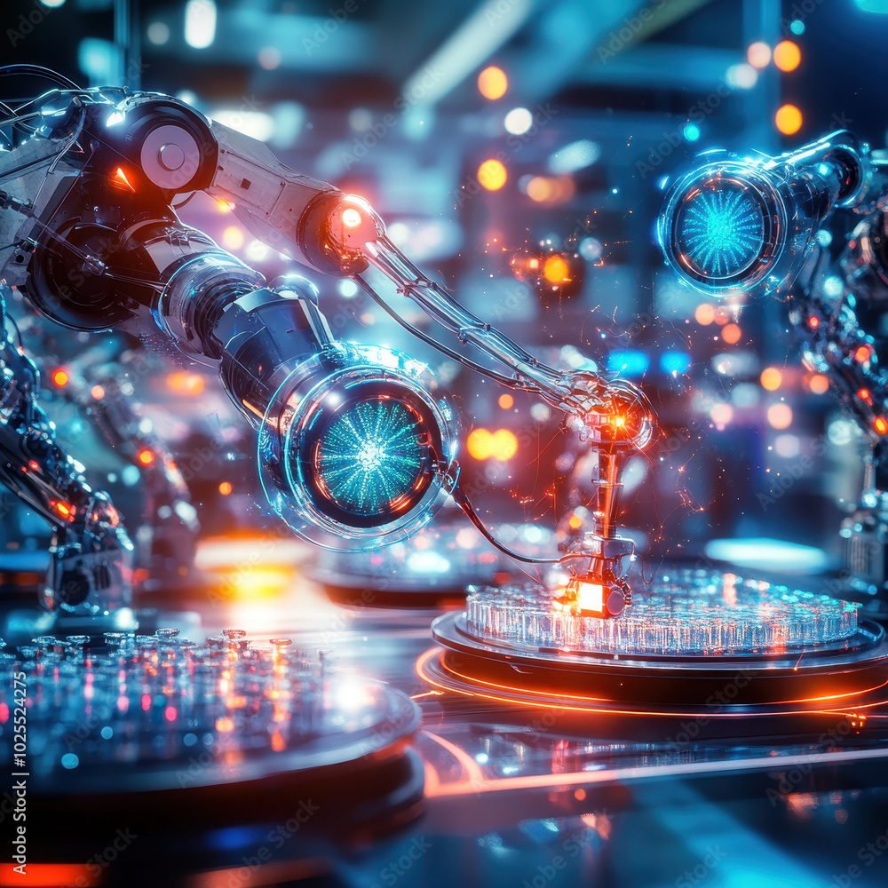 Poster futuristic lab scene featuring ai powered robots engaged in advanced tasks, showcasing intricate tec