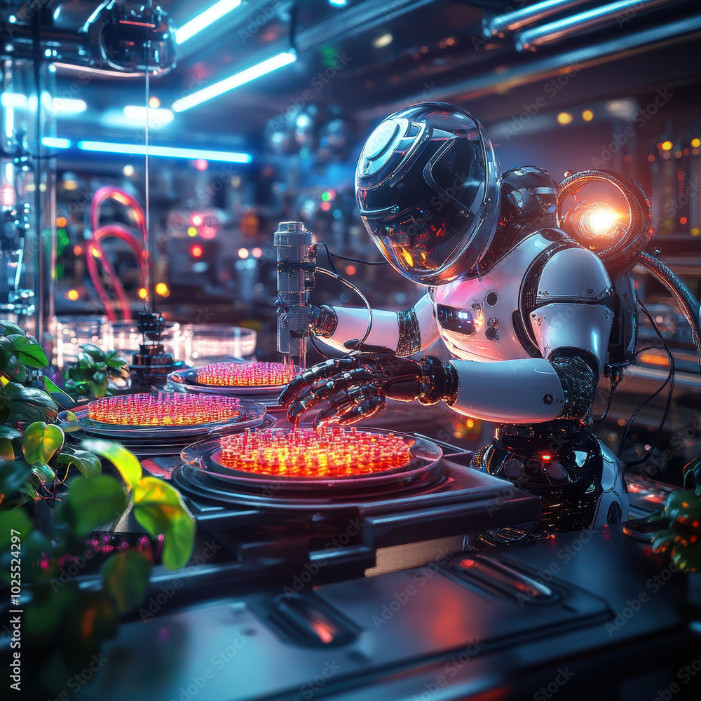 Aufkleber futuristic lab scene featuring ai powered robot working meticulously with glowing technology and vib