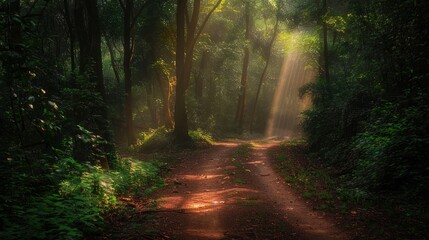 Obraz premium Sunlight Streaming Through a Forest Path