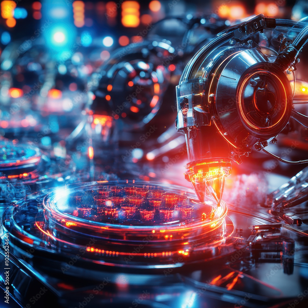 Aufkleber Futuristic lab scene featuring AI powered robots working with advanced technology, showcasing intricate machinery and vibrant lighting. atmosphere is dynamic and innovative