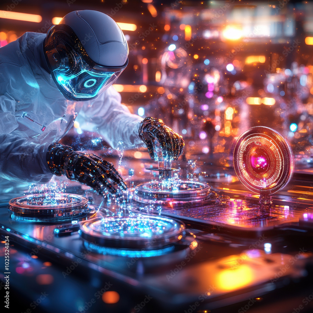 Poster futuristic lab scene featuring ai powered robot interacting with holographic displays, showcasing ad