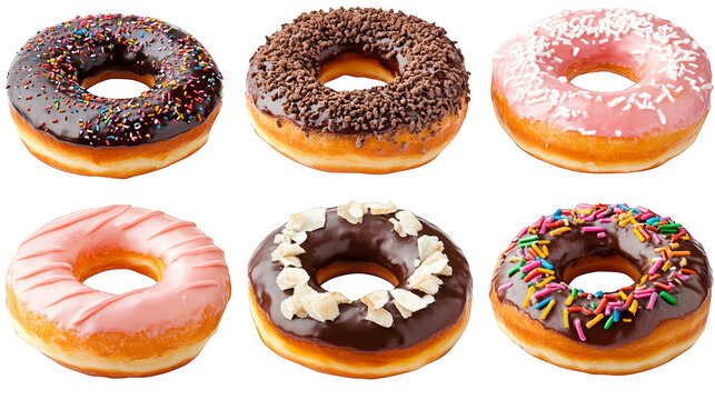 Delectable display of freshly baked donuts with colorful toppings and flavors delicious