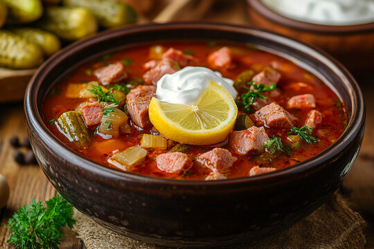 Solyanka, thick and sour russian soup.