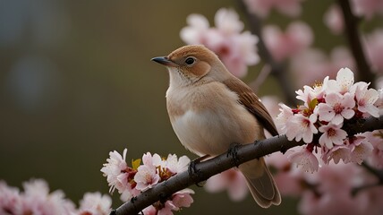 Serene Bird Perched on Cherry Blossom Branch in Spring