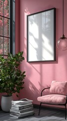 Pastel Pink Wall with White Frame Styled with Potted Plant