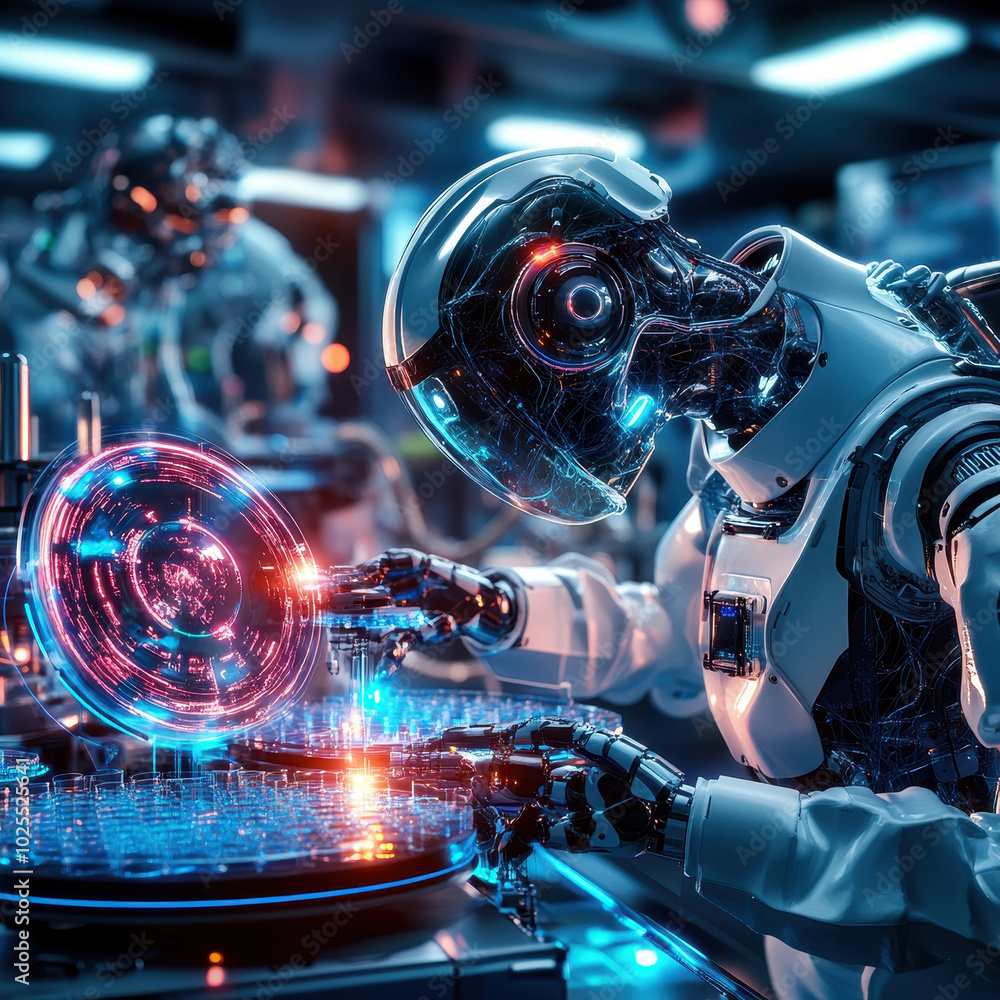 Poster futuristic lab scene featuring ai powered robots engaged in advanced technology tasks, showcasing in