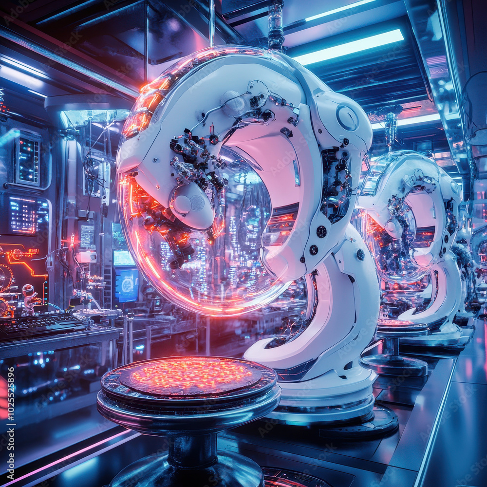 Poster Futuristic lab scene featuring advanced AI powered robots with intricate designs and glowing elements, showcasing high tech environment filled with digital interfaces and machinery