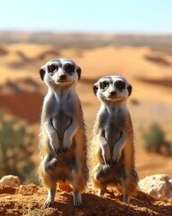 Two meerkats stand upright, facing the camera, their paws clasped together, in a desert environment.