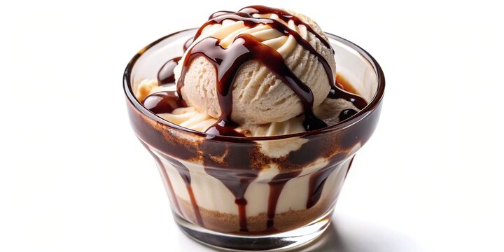 Delicious chocolate and vanilla ice cream with chocolate syrup in a glass isolated on white, perfect for summer treats