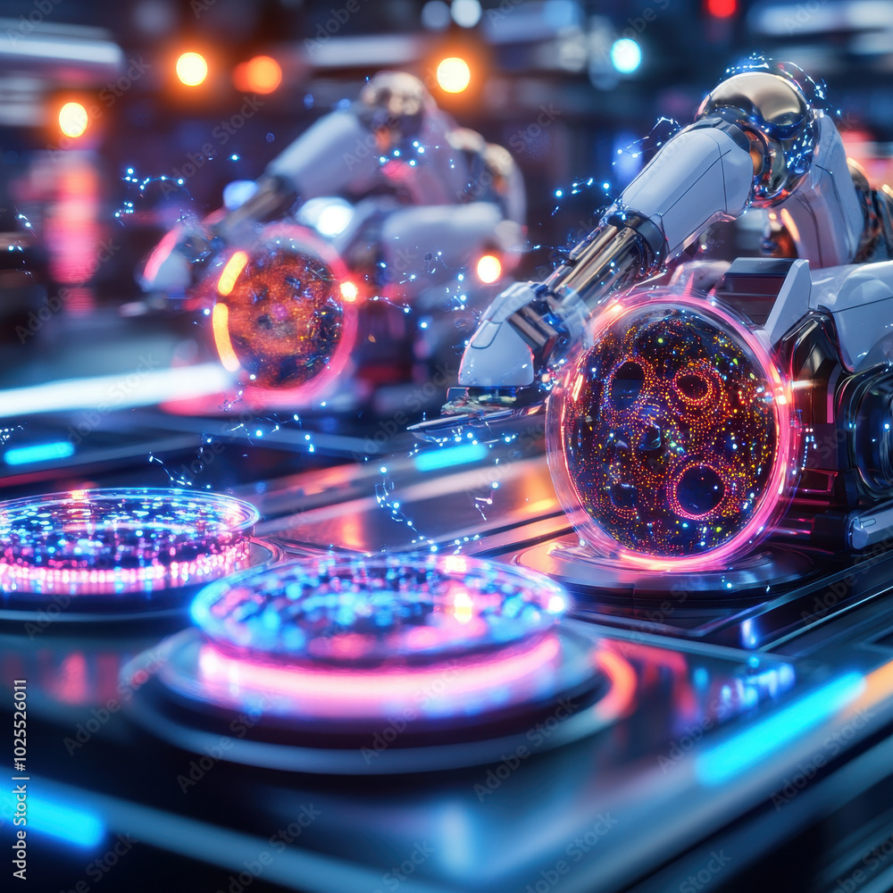 Aufkleber Futuristic lab scene featuring AI powered robots with glowing interfaces and intricate designs, showcasing advanced technology and innovation