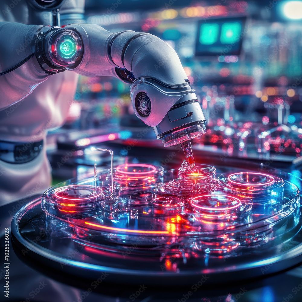 Aufkleber futuristic lab scene featuring ai powered robot delicately manipulating glassware with vibrant neon 