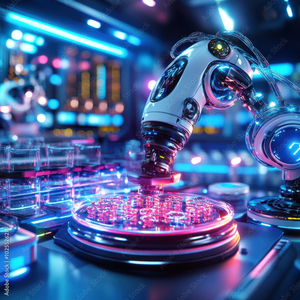 Poster futuristic lab scene featuring ai powered robots conducting experiments with vibrant neon lighting. 