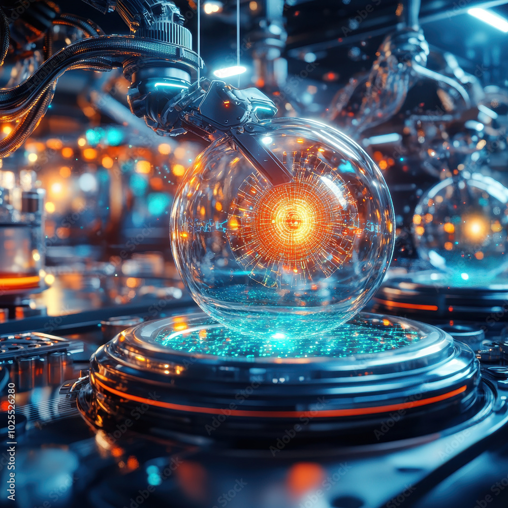 Poster futuristic lab scene featuring advanced technology with ai powered robots and glowing orbs. intricat