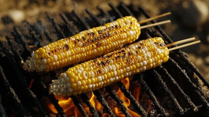 Corn cob skewers grilling on BBQ